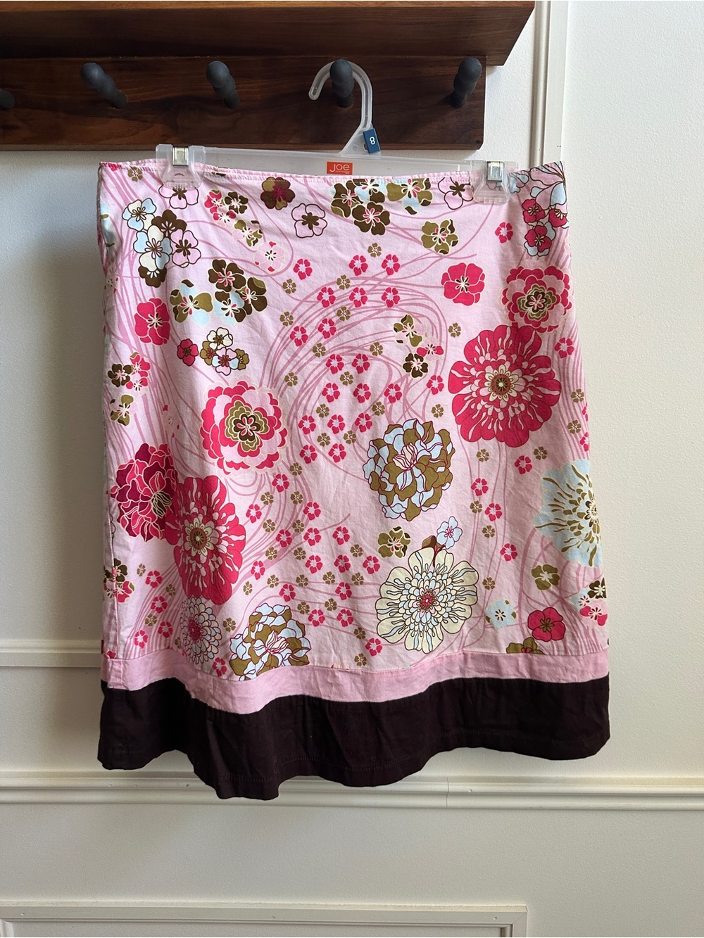 Pink Floral A-Line Skirt with Brown Hem
